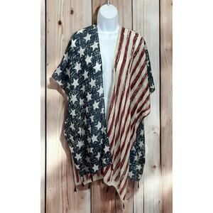 USA Flag Patriotic Open Kimono Top One Size Lightweight Swim Cover Boho Tassels